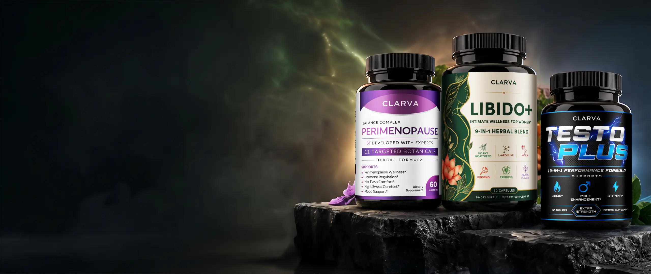 CLARVA PERIMENOPAUSE, LIBIDO+ and TESTO PLUS bottles standing on a basalt rock