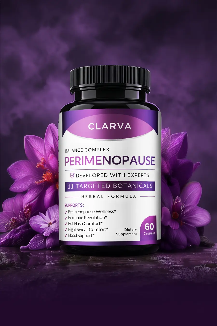 CLARVA PERIMENOPAUSE bottle among violet flowers