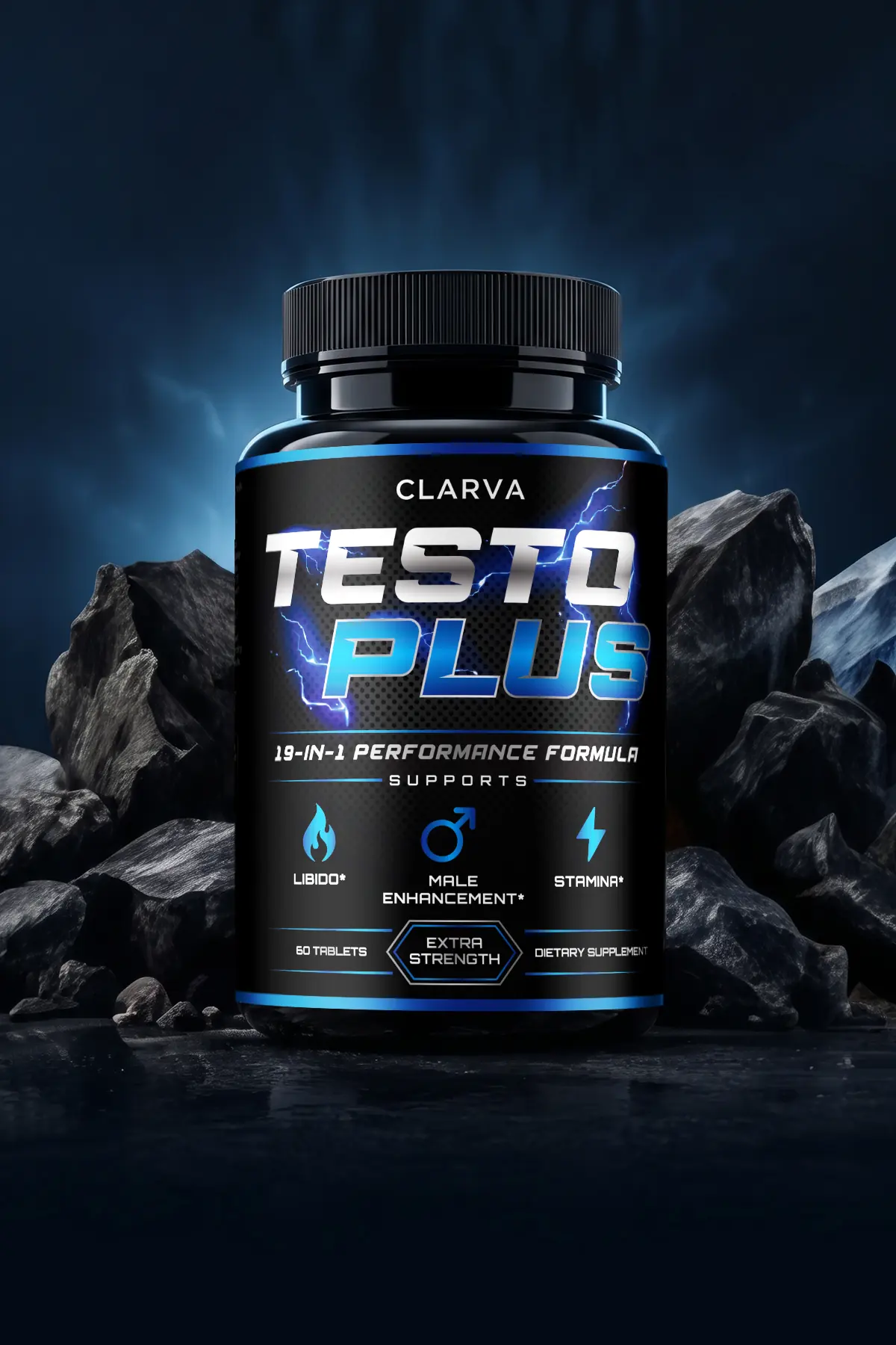 CLARVA TESTO PLUS bottle on black stone with blue light