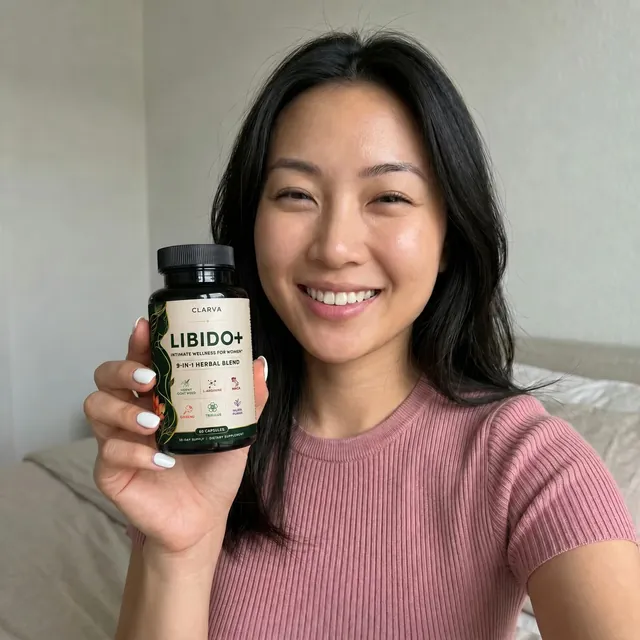 A person holding a CLARVA LIBIDO+ bottle