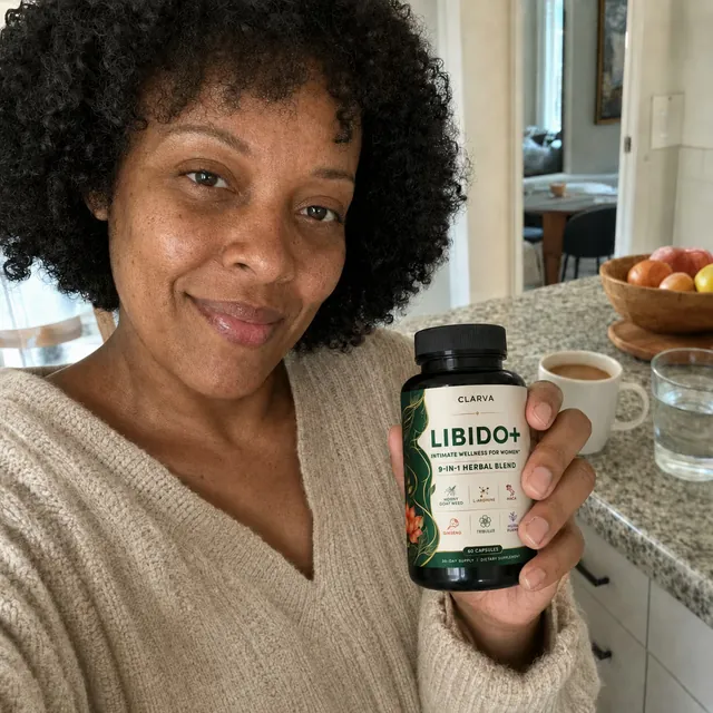 A person holding a CLARVA LIBIDO+ bottle