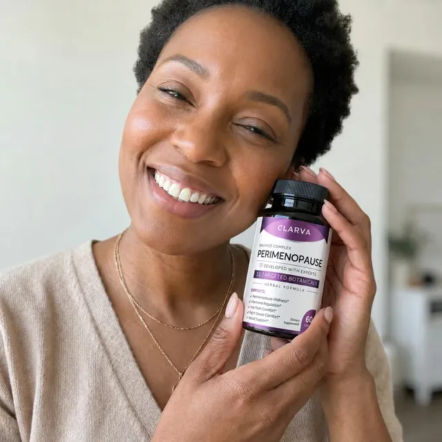 A person holding a CLARVA PERIMENOPAUSE bottle
