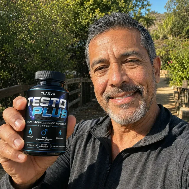 A person holding a CLARVA TESTO PLUS bottle